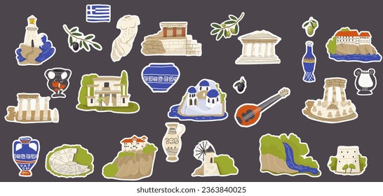 Vector illustration, set of stickers of hand drawn landmarks, attractions, sights, symbols of Greece in doodle style. Tourism, travel.