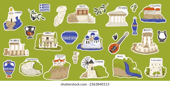 Vector illustration, set of stickers of hand drawn landmarks, attractions, sights, symbols of Greece in doodle style. Tourism, travel.