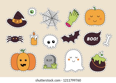 vector illustration. set of stickers. happy halloween, ghost, candy, moon, hand, pumpkin, bone, slag, cobweb, cauldron, bone, spider, skull, eye, candle, bat, grave
