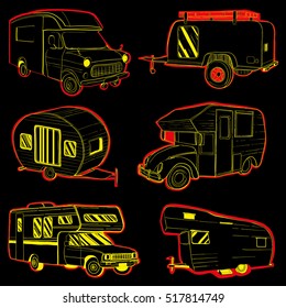 Vector illustration of Set Stickers isolated Hand Drawn, doodle Camper trailer, car Recreation transport, Vehicles Camper Vans Caravans Lines Icons. Motor home.