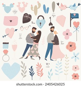 Vector illustration. A set of stickers for St. Valentine. Couple in love