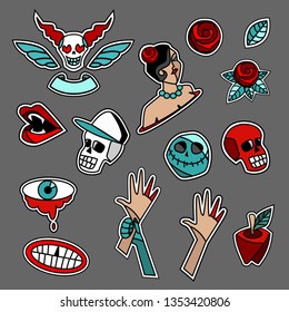 
Vector illustration, a set of stickers in the style of the old school, skull, rose, eye, hand and other symbols on an isolated gray background.
