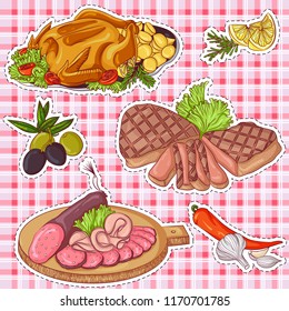 Vector illustration set of stickers with various meat products on a plaid background. Hand drawn icons for design