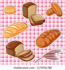 Vector illustration set of stickers with various bread on a plaid background. Hand drawn icons for design