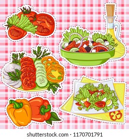 Vector illustration set of stickers with various salads on a plaid background. Hand drawn icons for design