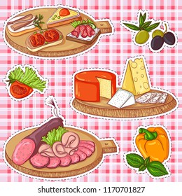 Vector illustration set of stickers with various appetizers on a plaid background. Hand drawn icons for design
