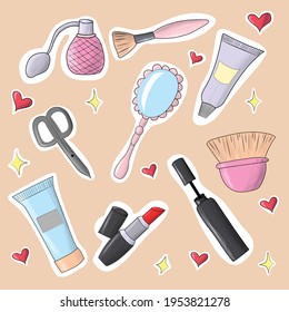 vector illustration, set of stickers with women make up stuff in pastel colors