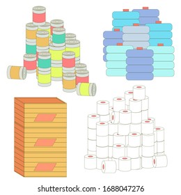 Vector illustration set of a stockpiled groceries in a simple cartoon style on a white background.