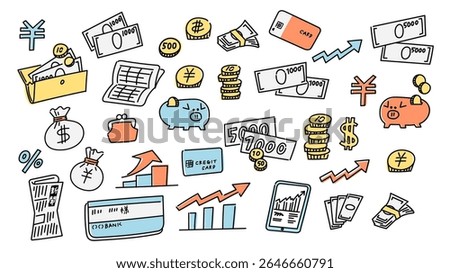 Vector illustration set of stocks, money, investment, bankbook, piggy bank, etc.