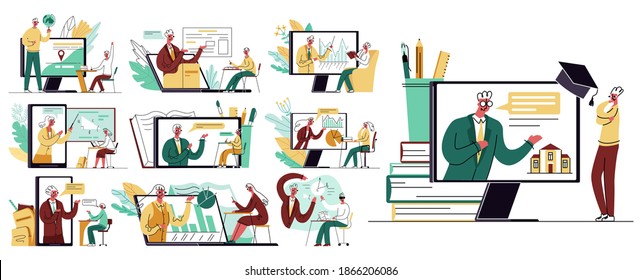 Vector illustration set of stories with concept of online training, conferences, webinars. It shows lecturers, professors, and teachers who speak to users, children, adults.