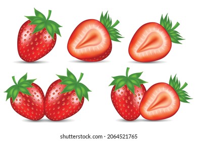 Ilustración vectorial de un conjunto de fresas - entero y pieza.Berry roja sobre un fondo blanco.