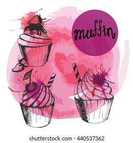 Vector illustration. Set strawberry berry sketch on watercolor background. Five objects. For menu design