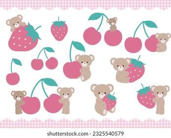 Ilustración vectorial conjunto de fresa, cereza y oso lindo