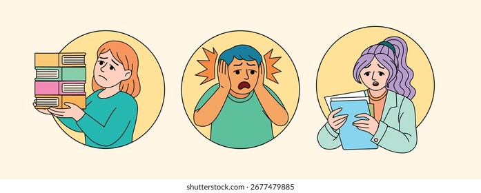 Conjunto de Ilustración vectorial de personas ocupadas estresadas.