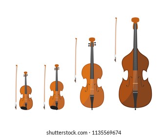 Vector illustration set of string instruments playing by bowing the strings