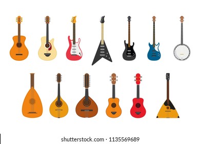 Vector illustration set of string instruments playing by plucking the strings