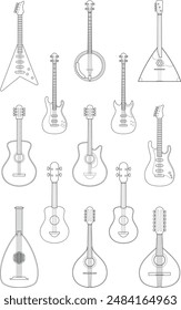 Vector illustration set of string instruments playing by plucking the strings for coloring in cartoon style isolated on white background