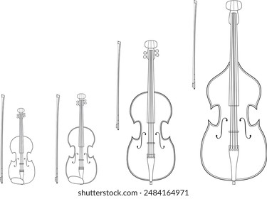 Vector illustration set of string instruments playing by bowing the strings for coloring in cartoon style isolated on white background