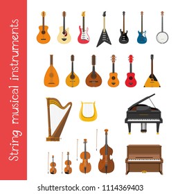 Vector illustration set of string musical instruments in cartoon style isolated on white background