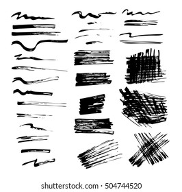 Vector illustration. Set of vector strokes. Grungy texture. The black brush strokes on white background. Collection of brushes and stains. The elements for graphic design.
