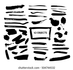 Vector illustration. Set of vector strokes. Grungy texture. The black brush strokes on white background. Collection of brushes and stains. The elements for graphic design.