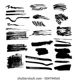 Vector illustration. Set of vector strokes. Grungy texture. The black brush strokes on white background. Collection of brushes and stains. The elements for graphic design.