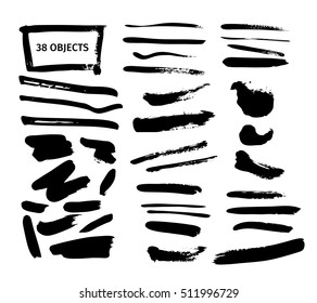 Vector illustration. Set of vector strokes. Grungy texture. The black brush strokes on white background. Collection of brushes and stains. The elements for graphic design.