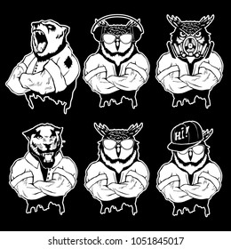 Vector illustration of a set strong wild animal - men.