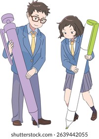 Vector illustration set of students holding pens that can be used as study materials etc.