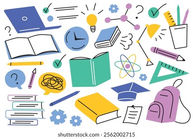 Vector illustration set of study icons, collection of books, notebooks, pens, pencils, backpack, doodles of graduation cap, ruler. Educational, academic, and back to school, flat cartoon style