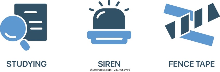 Vector illustration set of studying, siren, and fence tape icons on blue gradient background