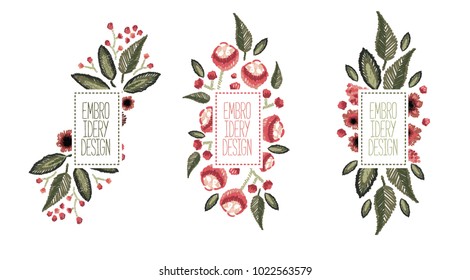 vector illustration. set of stylish design frames with embroidered flowers. the design of schedule for prints on clothes. an example of embroidery on fabric. stylish patterns from plants and flowers