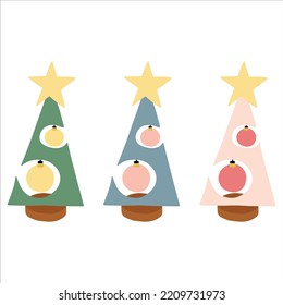 Vektorgrafik-Set von stilvollen geometrischen Weihnachtsbäumen mit Spielzeug und einem Stern.