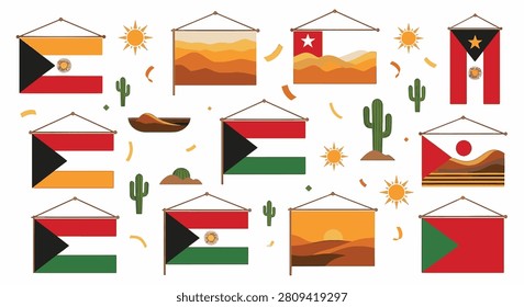 Vector illustration set of stylized desert and safari themed international flags, banners, and pennants featuring sand dunes, sun icons, and cacti over a white background.