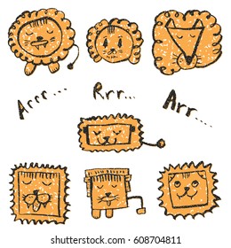 Vector illustration. A set of stylized portraits of lions. Children's drawing by hand.
