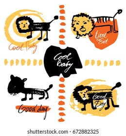 Vector illustration. A set of stylized portraits of lions. Children's drawing by hand.
