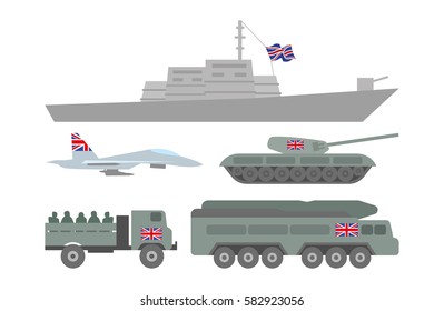 Vector illustration set of such military equipments as battleship, fighter, tank and guided-weapon system with flag of Great Britain on white background. Countries' military forces topic.