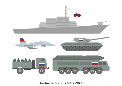 Vector illustration set of such military equipments as battleship, fighter, tank and guided-weapon system with flag of Russian Federation on white background. Countries' military forces topic.