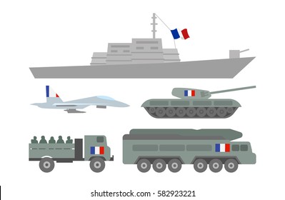 Vector illustration set of such military equipments as battleship, fighter, tank and guided-weapon system with flag of France on white background. Countries' military forces topic.