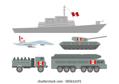 Vector illustration set of such military equipments as battleship, fighter, tank and guided-weapon system with flag of Canada on white background. Countries' military forces topic.