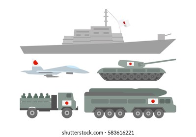 Vector illustration set of such military equipments as battleship, fighter, tank and guided-weapon system with flag of Japan on white background. Countries' military forces topic.