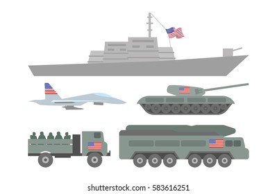 Vector illustration set of such military equipments as battleship, fighter, tank and guided-weapon system with flag of the USA on white background. Countries' military forces topic.