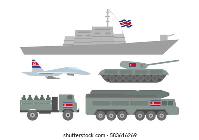 Vector illustration set of such military equipments as battleship, fighter, tank and guided-weapon system with flag of North Korea on white background. Countries' military forces topic.