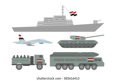 Vector illustration set of such military equipments as battleship, fighter, tank and guided-weapon system with flag of Syria on white background. Countries' military forces topic.