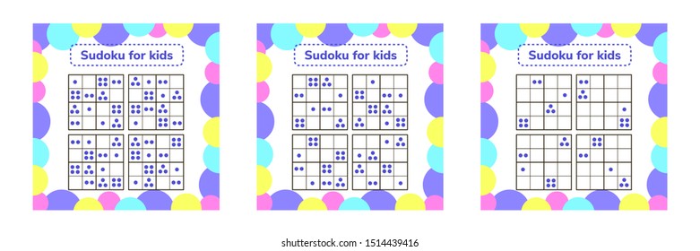 Vector illustration. Set sudoku games for kids with pictures. Logic worksheets for preschool children. Educational puzzle. Point.