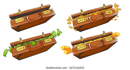 Vector illustration with set of suitcase with paper money, coins and gold, vector illustration isolated on white background