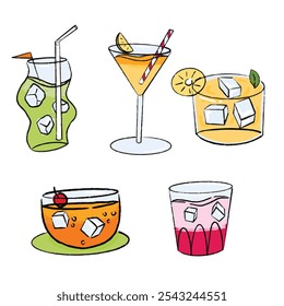 vector illustration set of summer beach cocktails with fruit ice for a party, mixed alcoholic drinks.