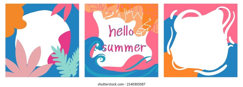 Vector illustration. Set summer cards, abstract summertime backgrounds. Template for your design, sales, social media, web. 