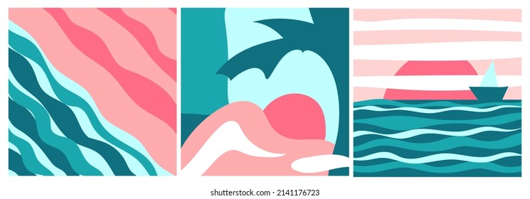 Vektorgrafik. Setzen Sie Sommerkarten, abstrakte Hintergründe für die Sommerzeit. Vorlage für Ihr Design, Vertrieb, Social Media, Web. Sommerrabatt. Wellen, Wasser, Meer, Ozean und Strand. Hintergrundsatz.
