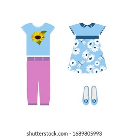 Dibujo vectorial de un conjunto de ropa de verano para niñas con fondo blanco aislado. Plantilla para la decoración de una tienda, un afiche, un álbum.